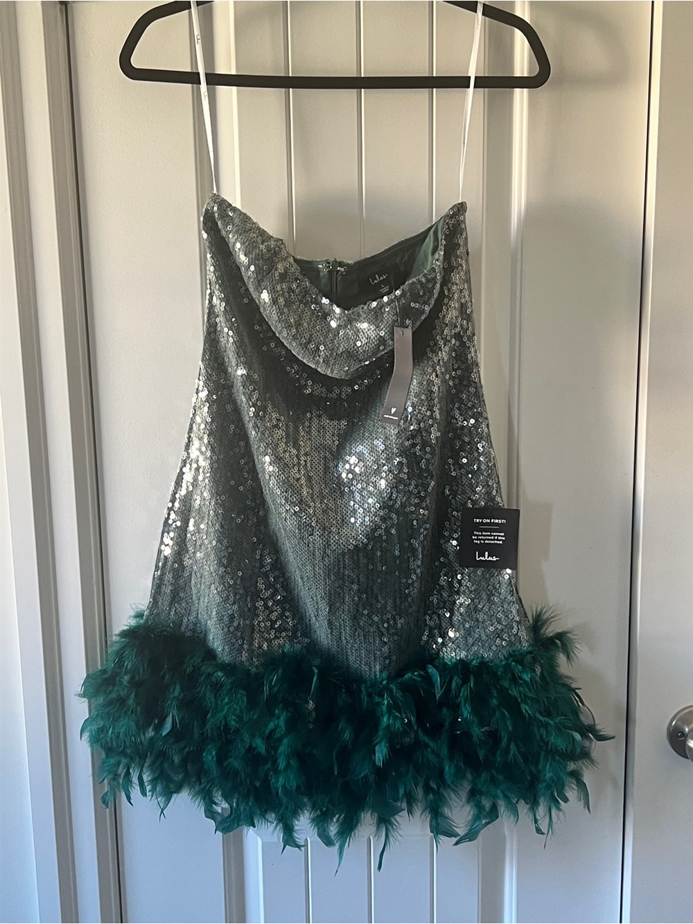 Lulu's Especially Fabulous Emerald Sequin Feather Strapless Mini Dress - Picture 2 of 7